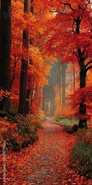 Fototapeta Autumnal path through vibrant red forest