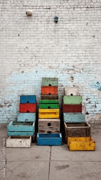 Obraz Colorful vintage wooden crates against a brick wall