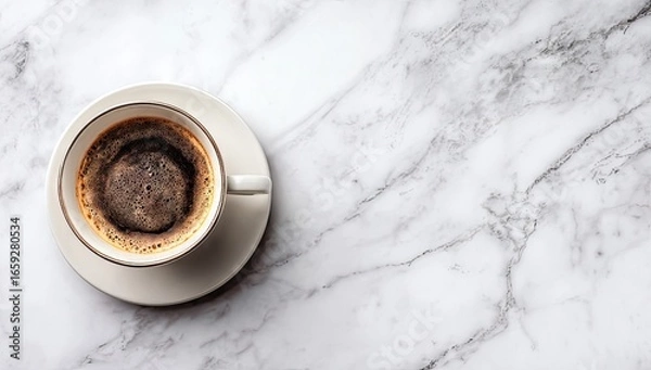 Fototapeta Overhead view of a cup of black coffee on a marble surface