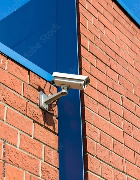 Fototapeta Security camera on brick building exterior