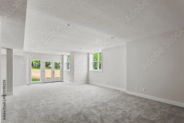Fototapeta Bright living room interior in modern apartment with large windows
Clean white kitchen with stainless appliances in contemporary condo