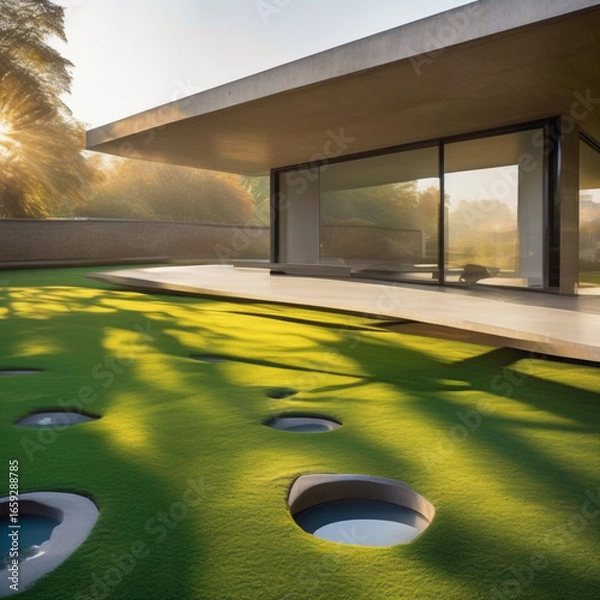 Fototapeta Minimalist apartment hallway with wood floor and modern design
Modern home architecture featuring staircase with sleek lines