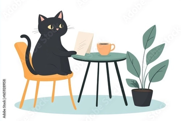 Fototapeta Black cat sitting on a chair near a table with a cup of coffee and a paper letter, flat design illustration,
