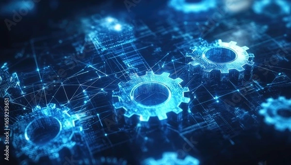 Fototapeta Digital blue background with gears and code, symbolizing the integration of technology in mechanical engineering.