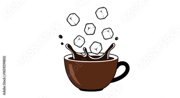 Fototapeta Pixelated Brown Coffee Mug with Splashing Liquid and Falling Sugar Cubes on a White Background