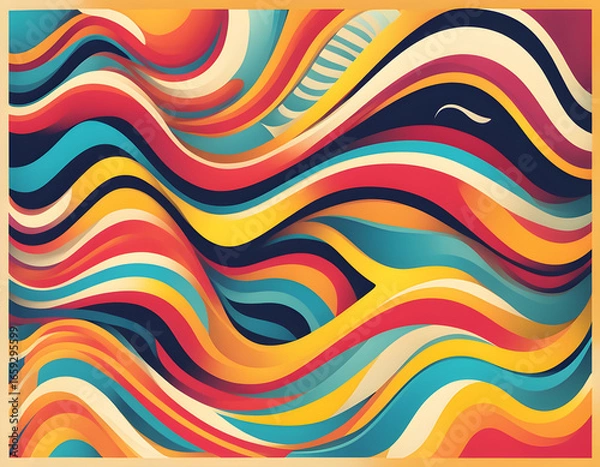 Obraz Abstract vintage poster of colorful wavy lines and shapes. Summer bright background. Groovy psychedelic curved waves. Vector illustration background
