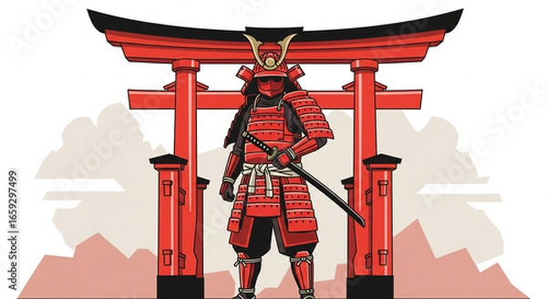 Fototapeta Japanese Samurai Warrior with Katana in front of a Torii Gate