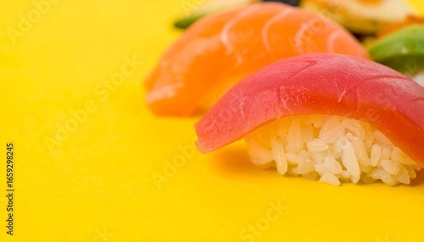 Obraz Close-up of sushi pieces on a yellow surface