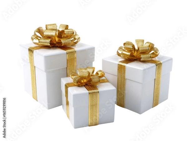 Fototapeta Three white gift boxes, progressively sized, tied with gold ribbons and bows, against a plain background