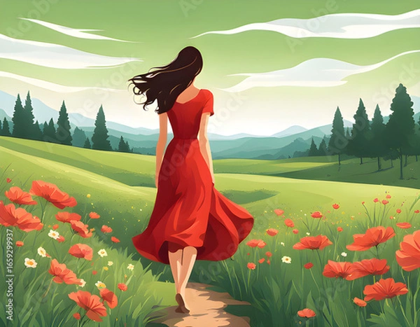 Fototapeta Woman in red dress walking through field of red poppies and white flowers, with hills, trees, and mountains in background.