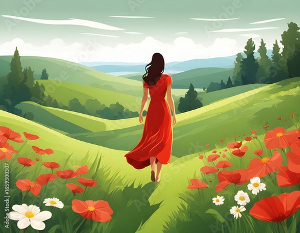 Fototapeta Woman in red dress walking through field of red poppies and white flowers, with hills, trees, and mountains in background.