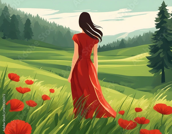 Fototapeta Woman in red dress walking through field of red poppies and white flowers, with hills, trees, and mountains in background.