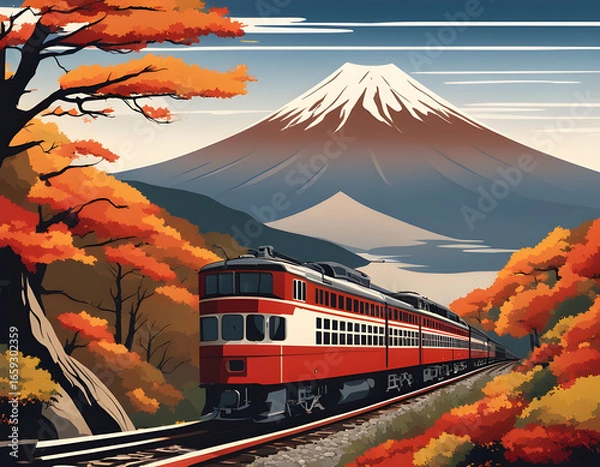 Fototapeta Vintage red train chugging through autumn foliage toward snow-capped Mount Fuji under a full moon.