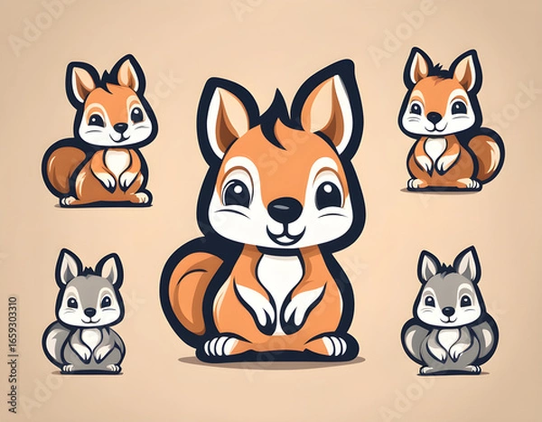 Fototapeta Cute cartoon squirrel Logo Template. Vector Illustration of a Wild Animal. simple flat color background.