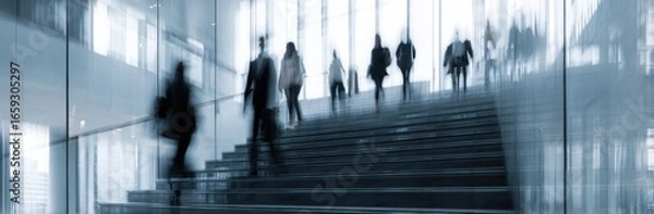 Fototapeta Abstract blurred motion of business people walking on a glass staircase in a modern office building, concept for human resources or a digital work environment.