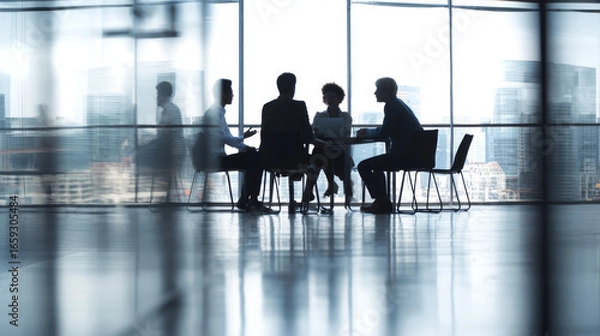 Fototapeta Business meeting office teamwork discussion collaboration professional corporate group modern city view. diverse team sits around table bright