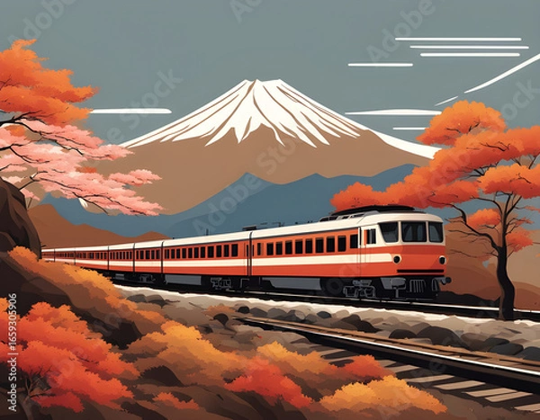Fototapeta Vintage red train chugging through autumn foliage toward snow-capped Mount Fuji under a full moon.