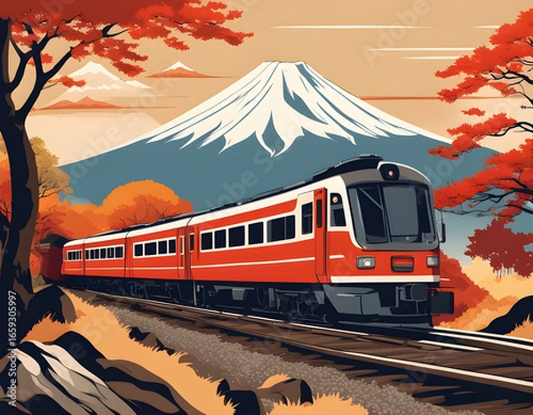 Fototapeta Vintage red train chugging through autumn foliage toward snow-capped Mount Fuji under a full moon.