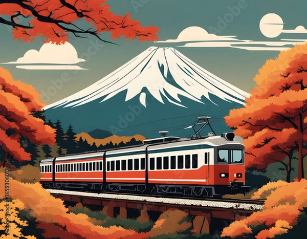 Fototapeta Vintage red train chugging through autumn foliage toward snow-capped Mount Fuji under a full moon.