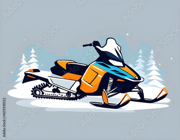 Obraz White and orange snowmobile with skis, moving on snow against a gray background.