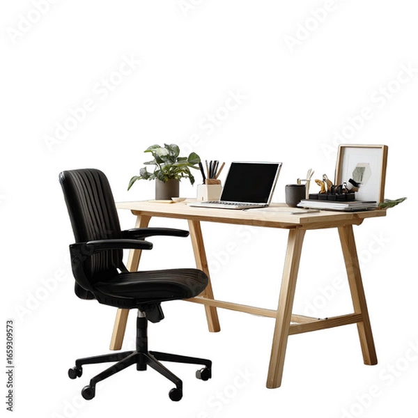 Fototapeta Simple, minimalist workspace with wooden desk and black chair