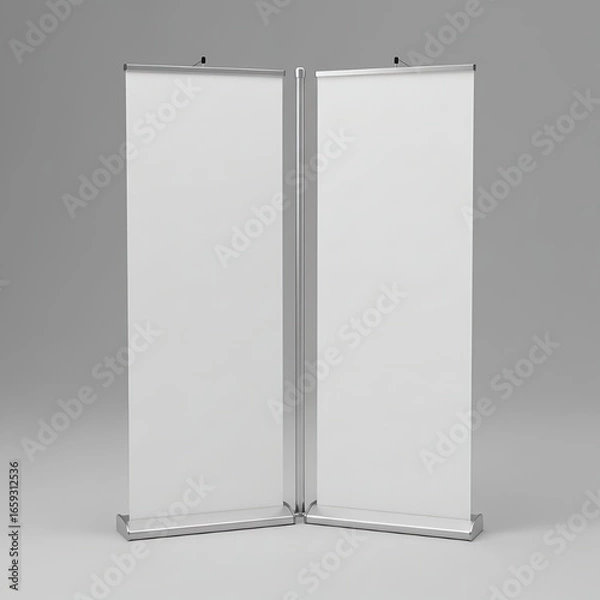 Fototapeta Two Blank Roll Up Banner Stands Side By Side Against a Gray Background in a Studio Environment