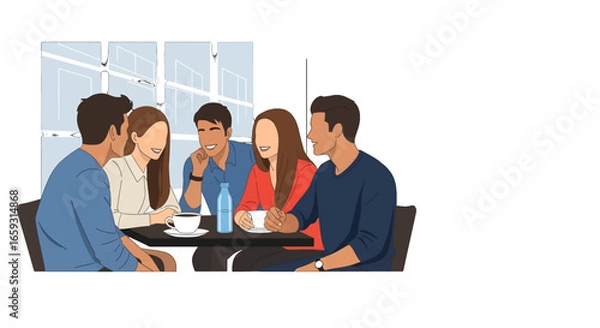 Fototapeta Group of Young Adults Enjoying Conversation around Table Inside Warm Atmosphere with Red and Blue Colors