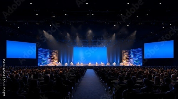 Fototapeta Spectacular Event Stage Design Immersive Lighting and Large Screens for Conferences and Shows