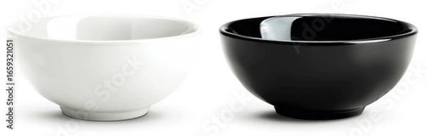 Fototapeta Black and white bowl isolated on transparent background cutout, PNG file with clipping path for post effects, front view. Isolated