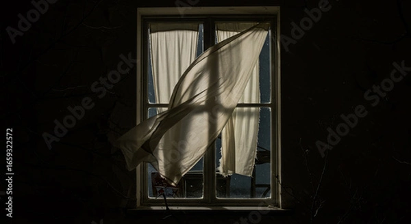 Fototapeta The wind from the window flutters the curtains in the old house in the moonlight.