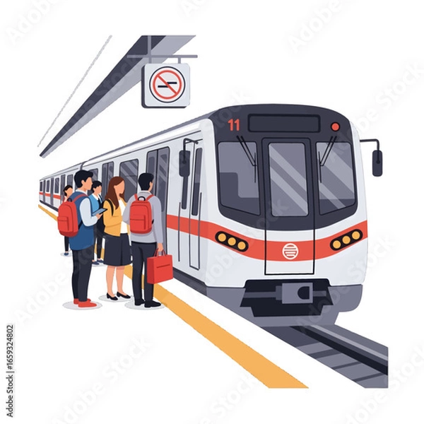 Fototapeta People Waiting for a White and Gray Subway Train at a Station with Red Accents Pixel Art Style