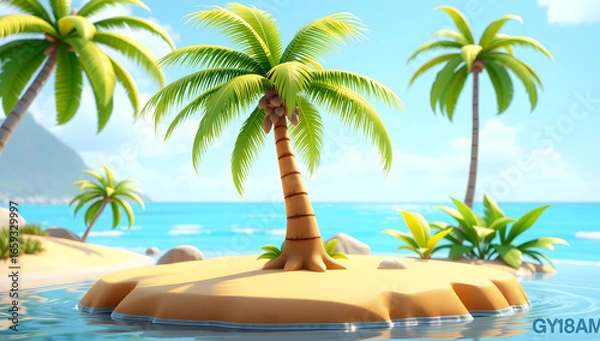 Fototapeta 3D cartoon palm tree and tropical island at the summer solstice