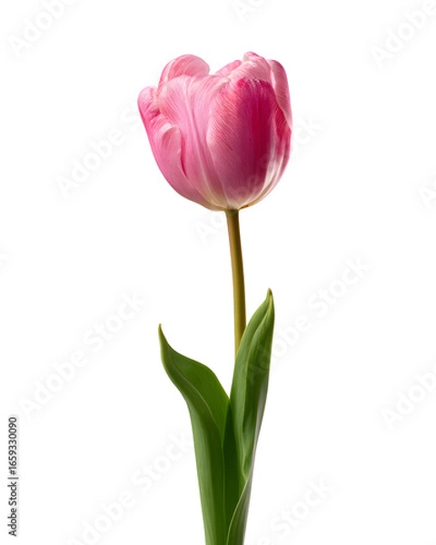 Fototapeta A single pink tulip flower standing upright with its stem and leaves