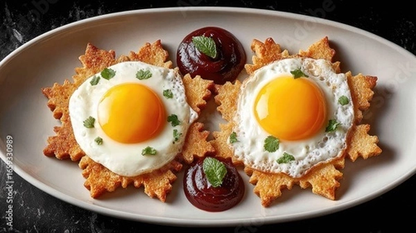 Obraz Two fried eggs on star-shaped toast, served with sauce