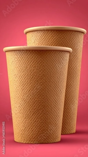 Fototapeta Two textured paper cups on pink backdrop