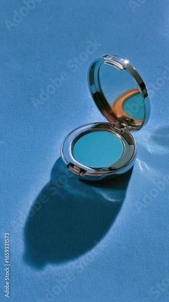 Fototapeta Teal eye shadow in a metallic compact cast shadow on blue background