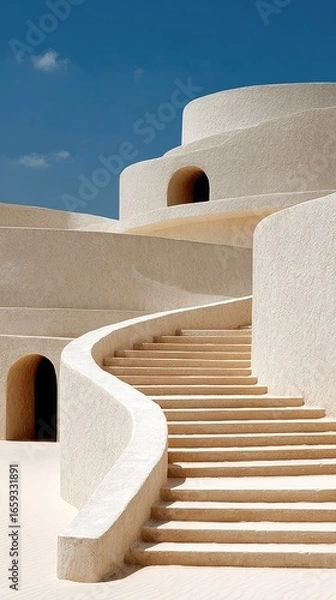 Obraz Spiraling staircase ascends a cream-colored, curved building against a clear blue sky