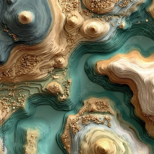 Obraz Abstract topographic map, layered paper texture, teal, beige, gold