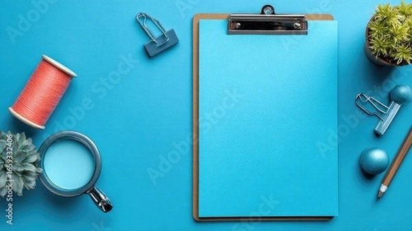 Obraz Flatlay of blue workspace with clipboard, succulents, and stationery