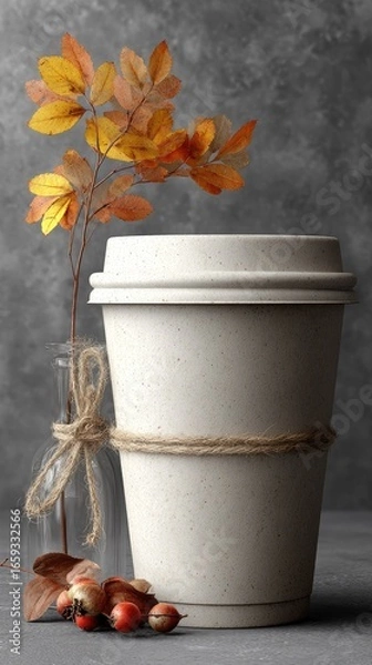 Fototapeta Autumnal still life featuring a double-walled disposable cup and autumn leaves