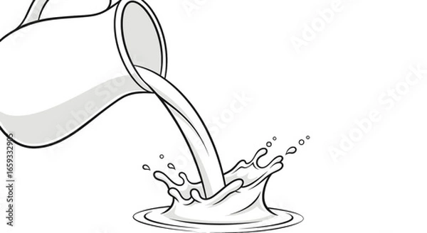 Fototapeta Milk Splashing from White Jug Creating a Crown Shape on a White Background with Detailed Line Art Illustration