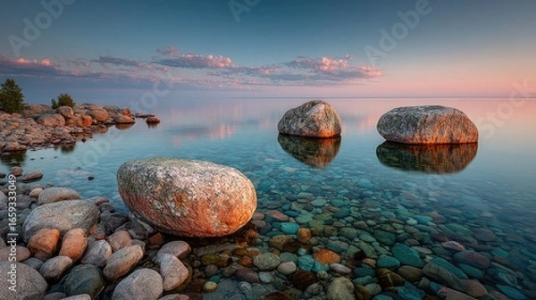 Obraz Tranquil sunset over calm water with smooth, colorful stones and large boulders