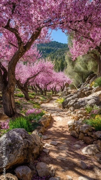 Fototapeta Sunlit path winds through blossoming pink trees and rocks