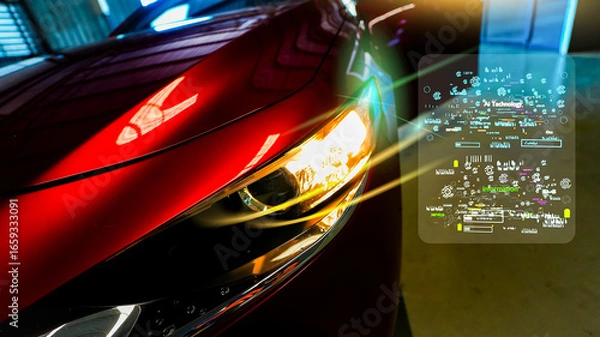 Fototapeta Futuristic AI-powered smart car dashboard in 2026 with autonomous driving interface, digital touchscreen, voice control, and advanced mobility technology"
