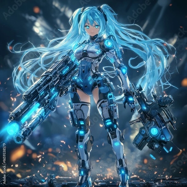 Fototapeta Cyber Girl with Futuristic Weapon, and Action Pose.