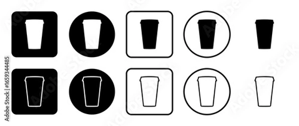 Fototapeta Icon set of paper coffee cup. Filled, outline, black and white icons set, flat style.  Illustration on transparent background