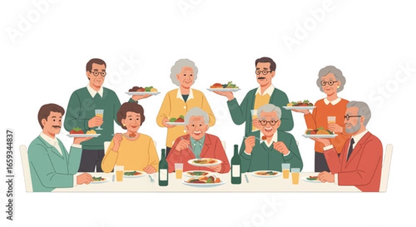 Fototapeta Festive Group Meal Featuring Seniors at Lighted Table with Food in Home Setting for Celebratory Gathering With Friends and Family
