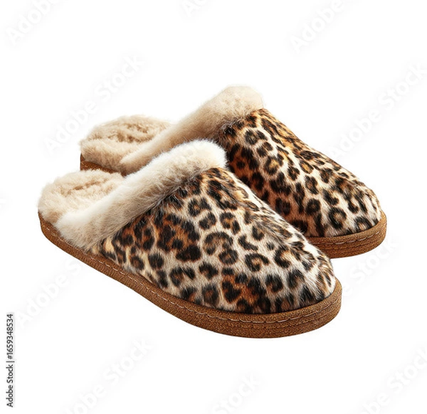 Fototapeta Cozy leopard print slippers with faux fur trim (1)