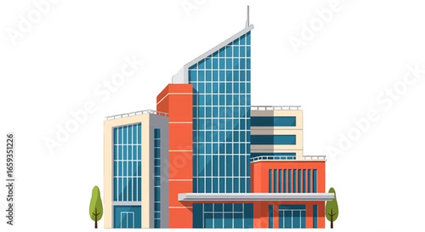 Fototapeta Modern Geometric Office Building with Red Brick Facade and Glass Windows in an Urban City Downtown on Clear Background