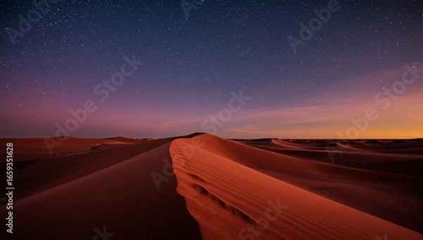 Obraz Vast desert landscape under a twilight sky with stars, showcasing undulating sand dunes
